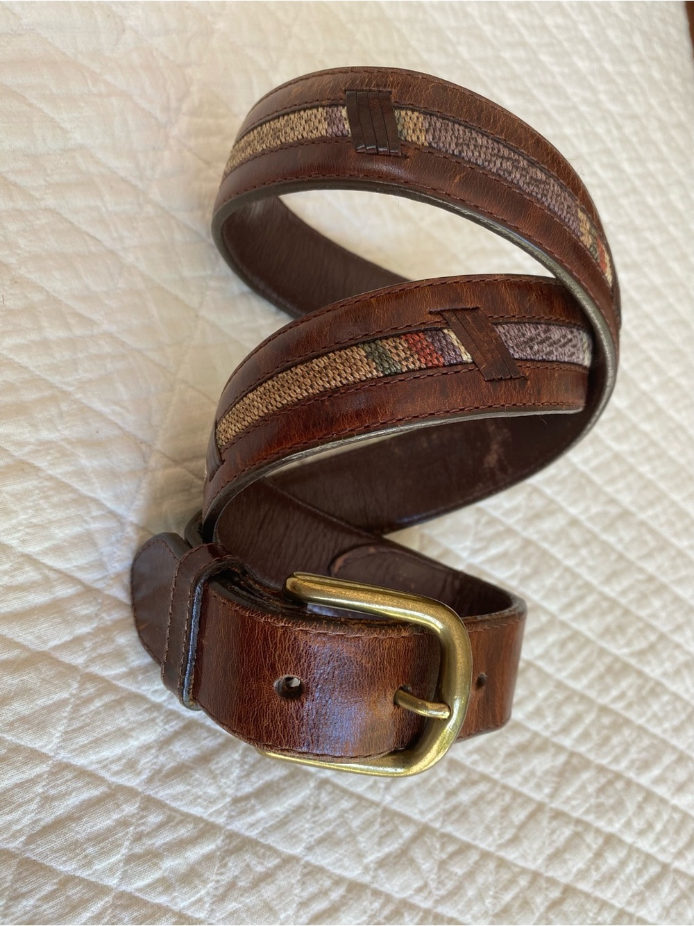 VTG Southwestern Lands End Brown Leather Men's Belt Brass Buckle Tapestry 34